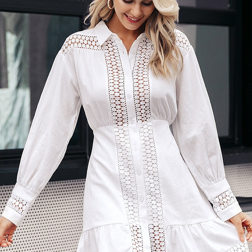 Load image into Gallery viewer, Elegant Cotton Lace Long Lantern Sleeve Ruffle A-line White Short Hollow Out Party Winter Dress
