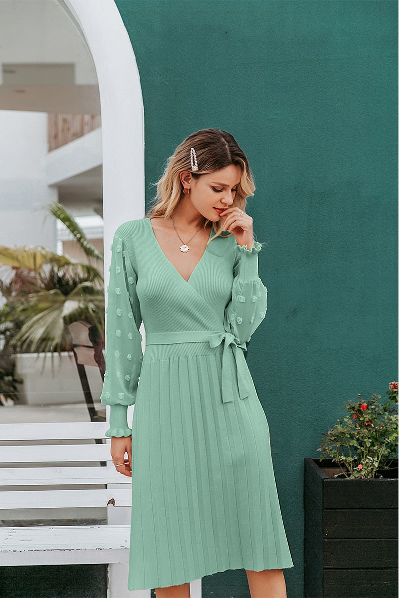 Elegant Knitted Sexy V-neck Long Sleeve Pleated Belted Sweater Slim Party Dress