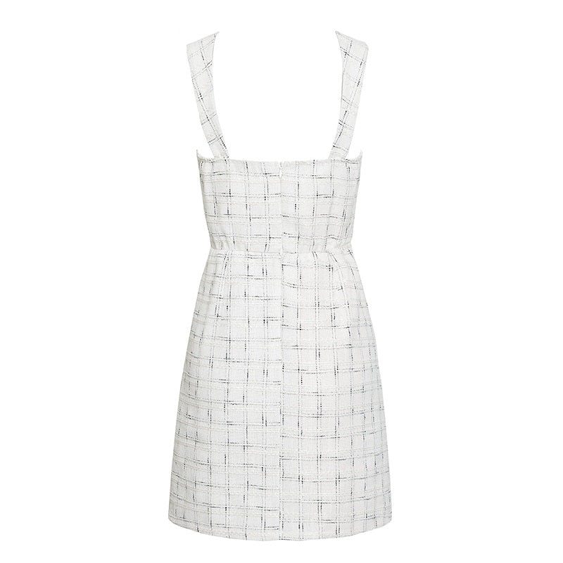 Elegant A-line Sleeveless Vintage White Plaid High Waist Short Slim Sexy Dress
