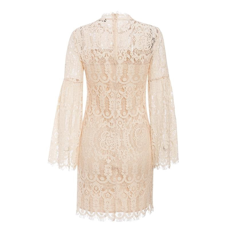 Sexy Lace Embroidery Elegant Flare Sleeve Ruffled Office Dress