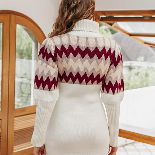 Load image into Gallery viewer, Geometric Print Knitted Casual Turtle Neck Pullover Sweater Retro Dress
