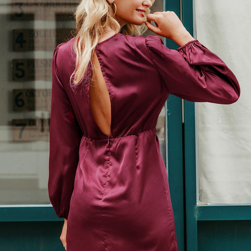 Load image into Gallery viewer, Sexy V-neck Elegant Puff Midi Sleeve Twist Pleated Satin Short Autumn Dress
