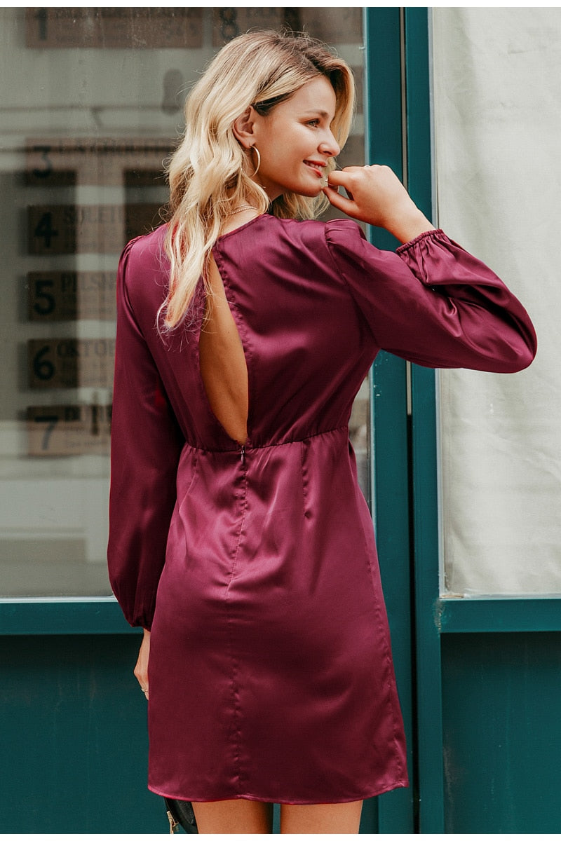 Sexy V-neck Elegant Puff Midi Sleeve Twist Pleated Satin Short Autumn Dress