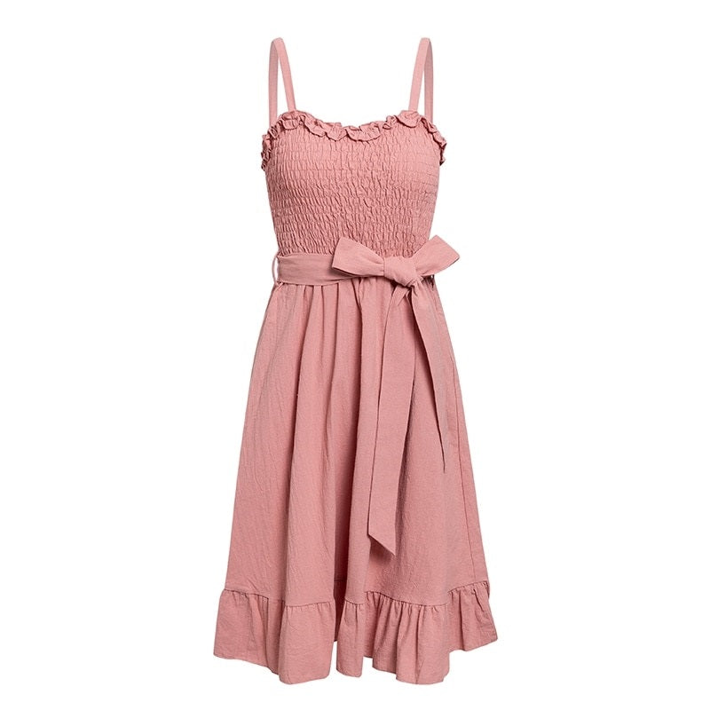 Sleeveless Ruffle Elegant Ruched Sashes Bow Cotton Summer Midi Sexy Solid Dress