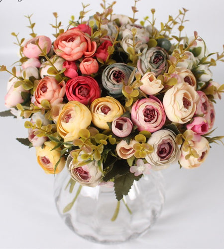 Artificial Vivid Silk Peony Flowers with Fake Leaf Bouquet-home accent-wanahavit-champagne-wanahavit