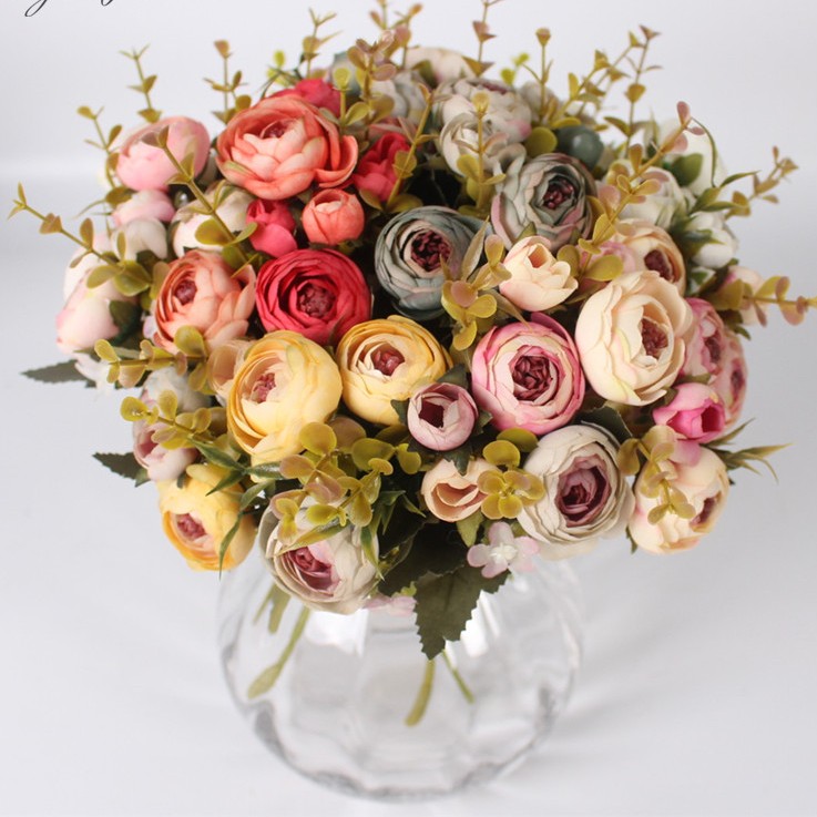 Artificial Vivid Silk Peony Flowers with Fake Leaf Bouquet-home accent-wanahavit-champagne-wanahavit