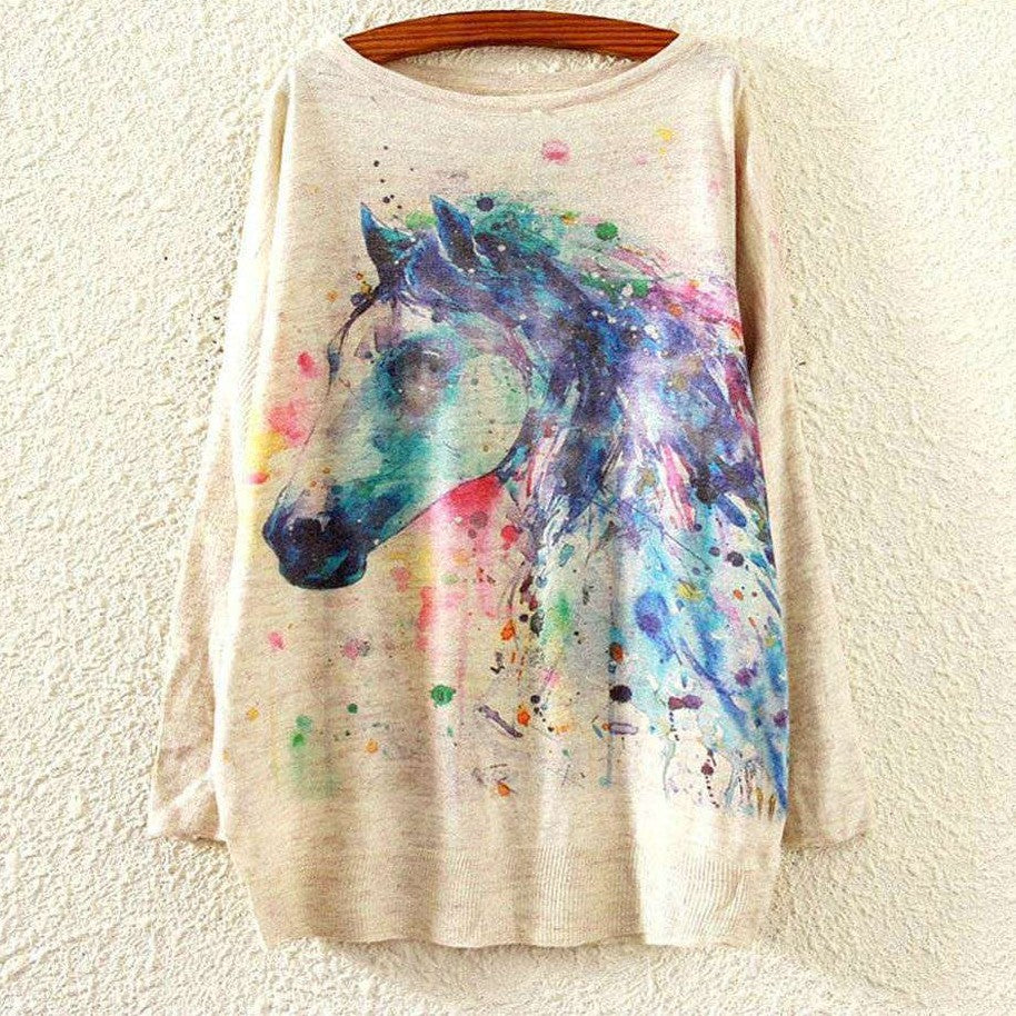 Watercolor Horse Printed Knitted Long Sleeve-women-wanahavit-One Size-wanahavit