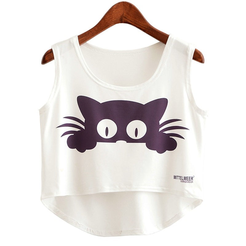 Cat Peeking Printed Crop Top Sleeveless Shirt-women-wanahavit-TP833-One Size-wanahavit