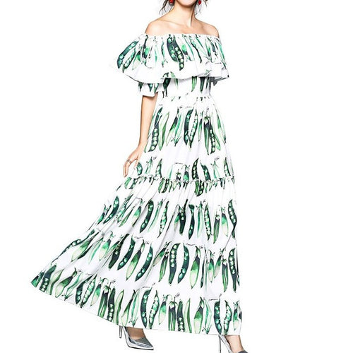Load image into Gallery viewer, Beans Print Off Shoulder Ruffle Long Dress-women-wanahavit-Green-S-wanahavit
