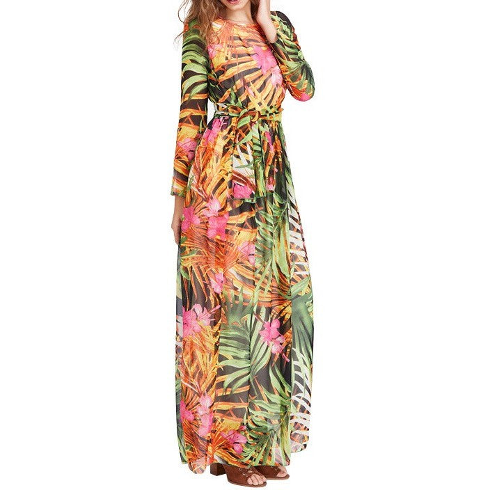 Leaf Print Long Sleeve Dress-women-wanahavit-Green-XS-wanahavit