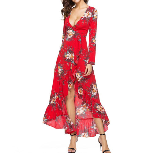 Load image into Gallery viewer, Deep V Neck Floral Print Ruffle Chiffon Long Dress-women-wanahavit-Floral-S-wanahavit

