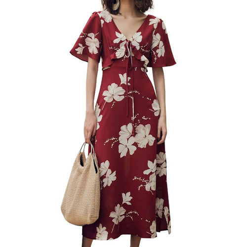 Load image into Gallery viewer, Deep V Neck Bohemian Floral Ruffle Dress-women-wanahavit-Burgundy-S-wanahavit
