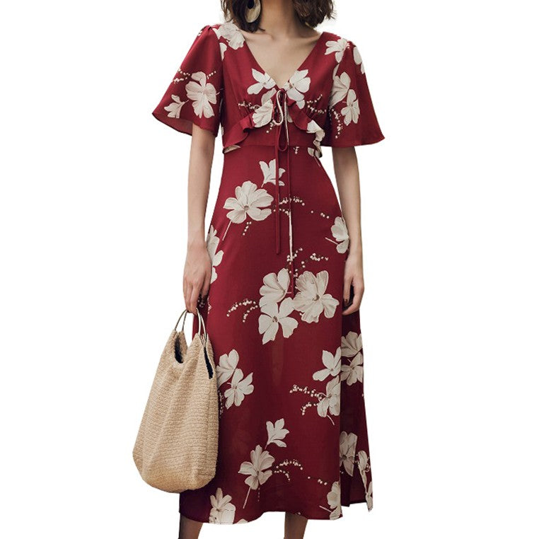 Deep V Neck Bohemian Floral Ruffle Dress-women-wanahavit-Burgundy-S-wanahavit