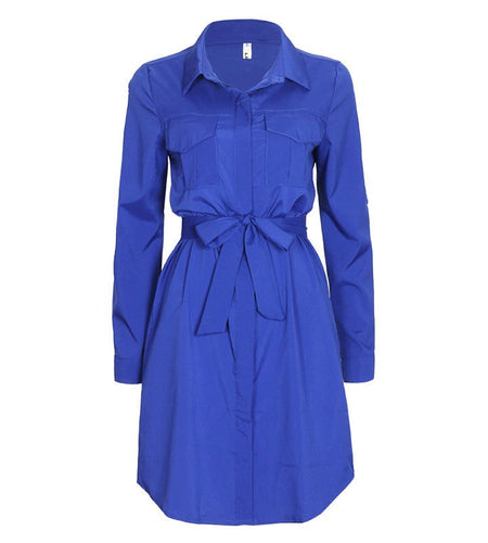 Casual Collared Chiffon Dress with Bow Knot Belt-women-wanahavit-Blue-S-wanahavit