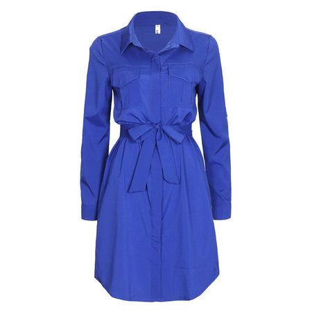 Casual Collared Chiffon Dress with Bow Knot Belt-women-wanahavit-Blue-L-wanahavit