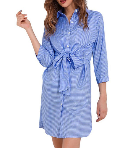 Collared Striped Wrap Dress with Bow Knot Belt-women-wanahavit-Blue-One Size-wanahavit