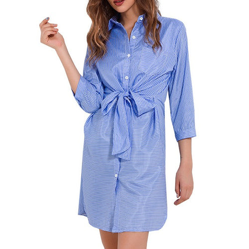 Load image into Gallery viewer, Collared Striped Wrap Dress with Bow Knot Belt-women-wanahavit-Blue-One Size-wanahavit
