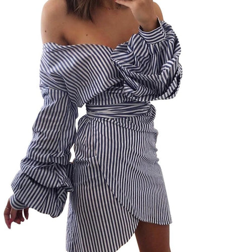 Asymmetrical Sexy Off Shoulder Wrap Dress-women-wanahavit-Blue White Stripe-S-wanahavit