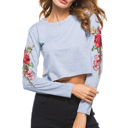 Flowers Embroidery Long Sleeve Shirt-women-wanahavit-Gray-L-wanahavit