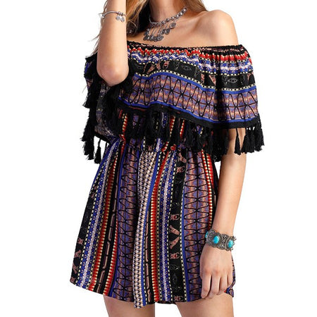 Tribal Mandala Print Off Shoulder with Tassel Ruffle Dress-women-wanahavit-Striped-S-wanahavit