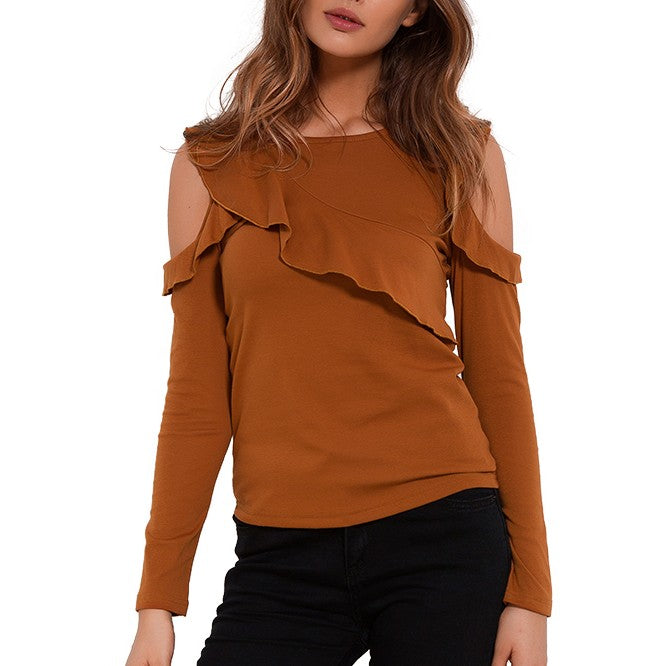 Off Shoulder Ruffled Long Sleeve Shirt-women-wanahavit-Black-L-wanahavit