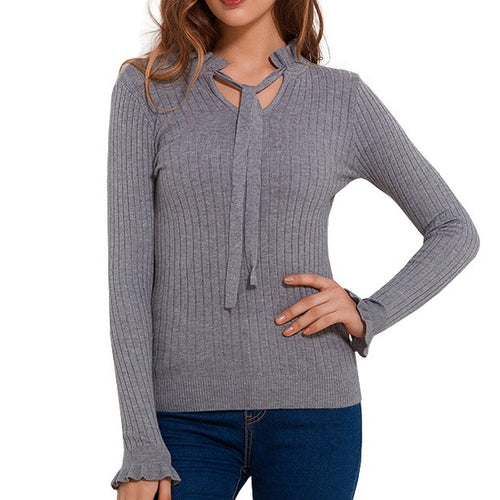 Load image into Gallery viewer, Lace Up Knitted Sweater Long Sleeve Sweater-women-wanahavit-Black-One Size-wanahavit
