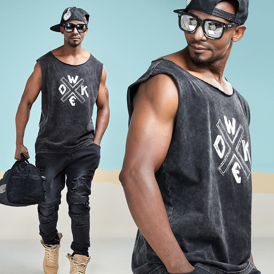 Woke Crisscross Print Sleeveless Shirt-men fashion & fitness-wanahavit-Black-M-wanahavit