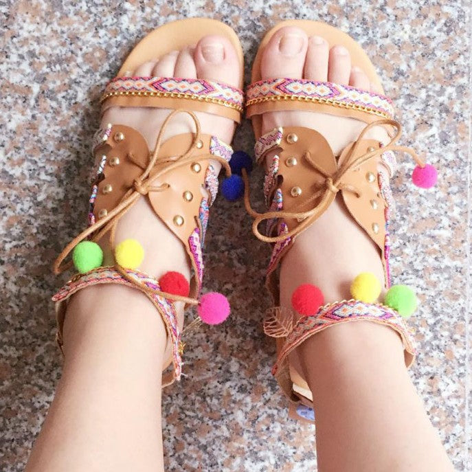 Women Bohemian Sandals Strappy Beach Flat Shoes Cut Out Lace Up Summer Shoes  | eBay