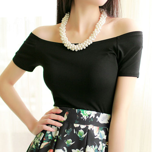 Load image into Gallery viewer, Sexy Off The Shoulder Solid Color Shirt-women-wanahavit-black short sleeve-L-wanahavit
