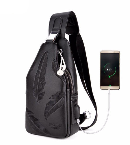 Double Pocket Feather Embossed Leather Shoulder Bag-men-wanahavit-black-wanahavit