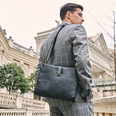 Solid Black Snap Fastened Leather Shoulder Bag-men-wanahavit-Black-wanahavit