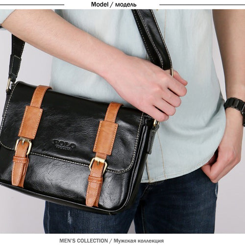Load image into Gallery viewer, Color Accent Belt Vintage Leather Shoulder Bag-men-wanahavit-black-wanahavit

