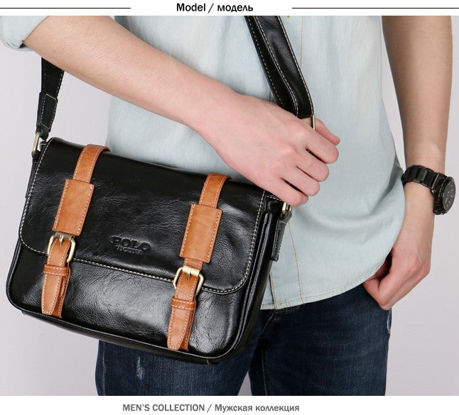 Color Accent Belt Vintage Leather Shoulder Bag-men-wanahavit-black-wanahavit
