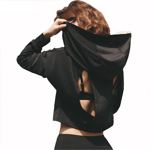 Load image into Gallery viewer, Breathable Backless Patched Hooded Long Sleeve-women fitness-wanahavit-Black-S-wanahavit
