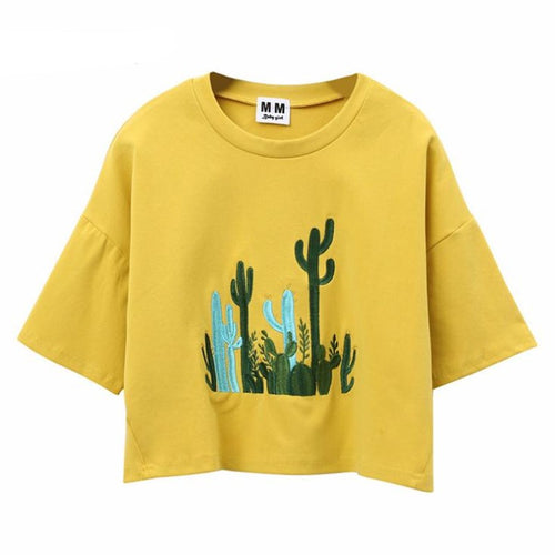 Load image into Gallery viewer, Cactus Embroidery Harajuku Style Crop Top Shirt-women-wanahavit-Yellow-One Size-wanahavit
