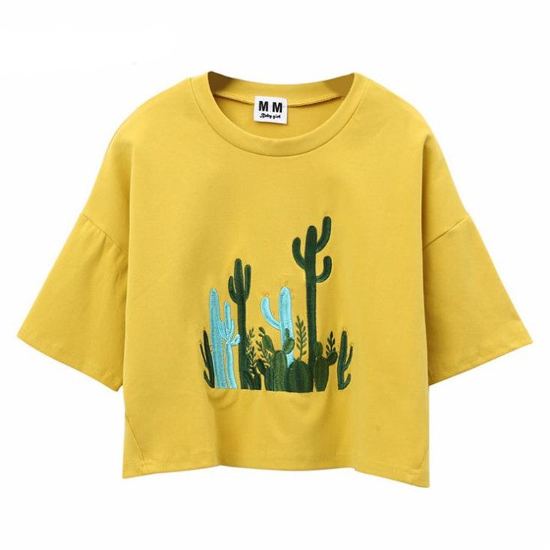 Cactus Embroidery Harajuku Style Crop Top Shirt-women-wanahavit-Yellow-One Size-wanahavit