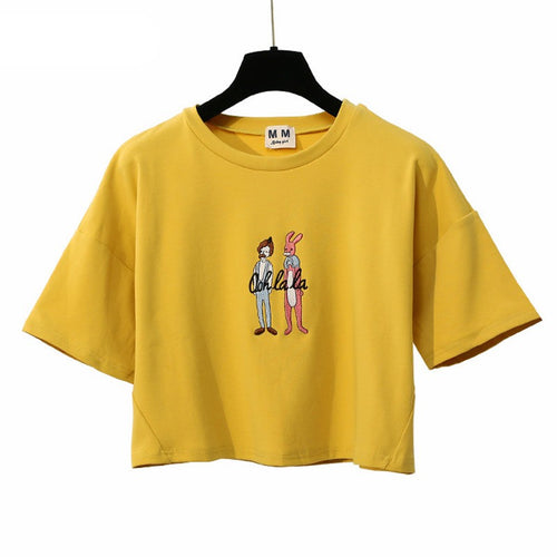 Load image into Gallery viewer, Ohh Lala Print Harajuku Style Crop Top Shirt-women-wanahavit-Yellow-One Size-wanahavit
