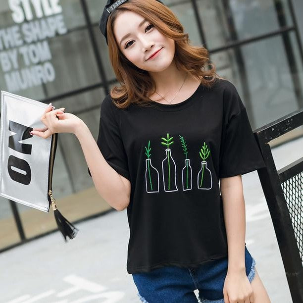 Plants n Bottle Embroidery Korean Style Shirt-women-wanahavit-Black-One Size-wanahavit