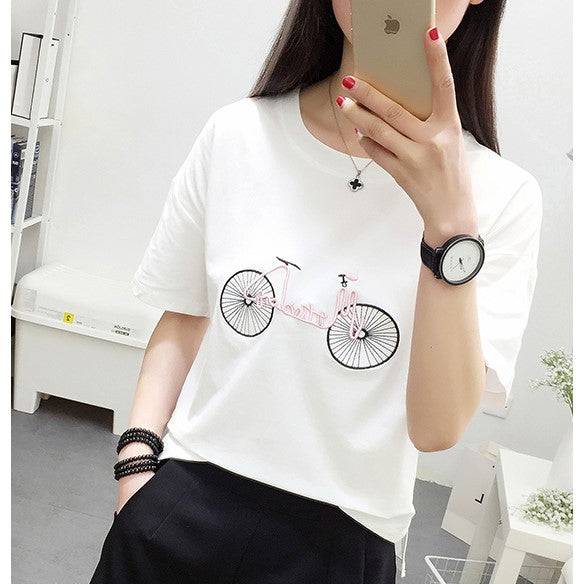 Bicycle Embroidery Harajuku Style Cotton Shirt-women-wanahavit-White-One Size-wanahavit