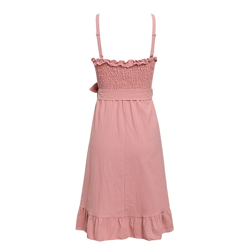 Sleeveless Ruffle Elegant Ruched Sashes Bow Cotton Summer Midi Sexy Solid Dress