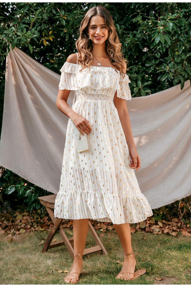 Sexy Off Shoulder Long Maxi Elegant Vintage Dot White Party Spring Summer Holiday Style Dress