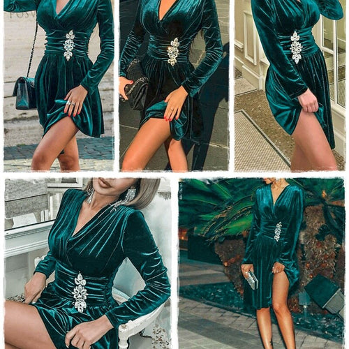 Load image into Gallery viewer, Sexy V-neck Velvet Elegant Long Sleeve Crystal Ruched Short Party Office Lady Chic Mini Dress
