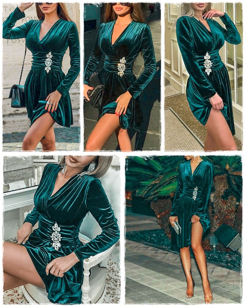 Sexy V-neck Velvet Elegant Long Sleeve Crystal Ruched Short Party Office Lady Chic Mini Dress