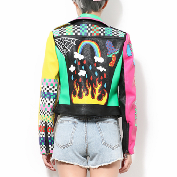Punk Rock Colorful Cartoon Studded Leather Jacket – wanahavit