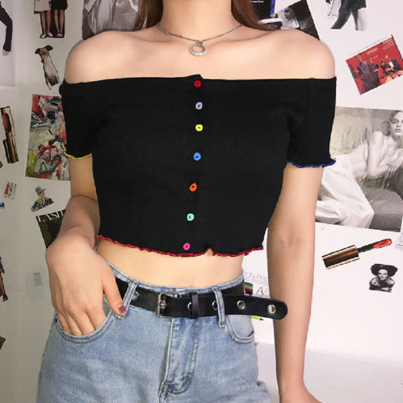 Colorful Button Off Shoulder Summer Tops for women sale at 20.77 ...