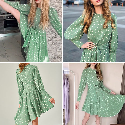 Load image into Gallery viewer, Commute Crew Neck Polka Dot Green Long Sleeve Asymmetrical Knee Length Sash Midi Dress
