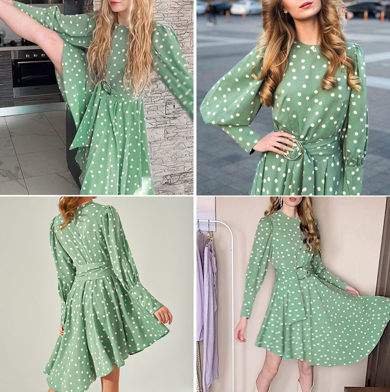 Commute Crew Neck Polka Dot Green Long Sleeve Asymmetrical Knee Length Sash Midi Dress