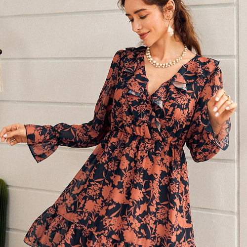 Load image into Gallery viewer, Sexy V-neck Long Sleeve Midi Summer Holiday Chiffon Ruched Floral Print Solid Lace Dress
