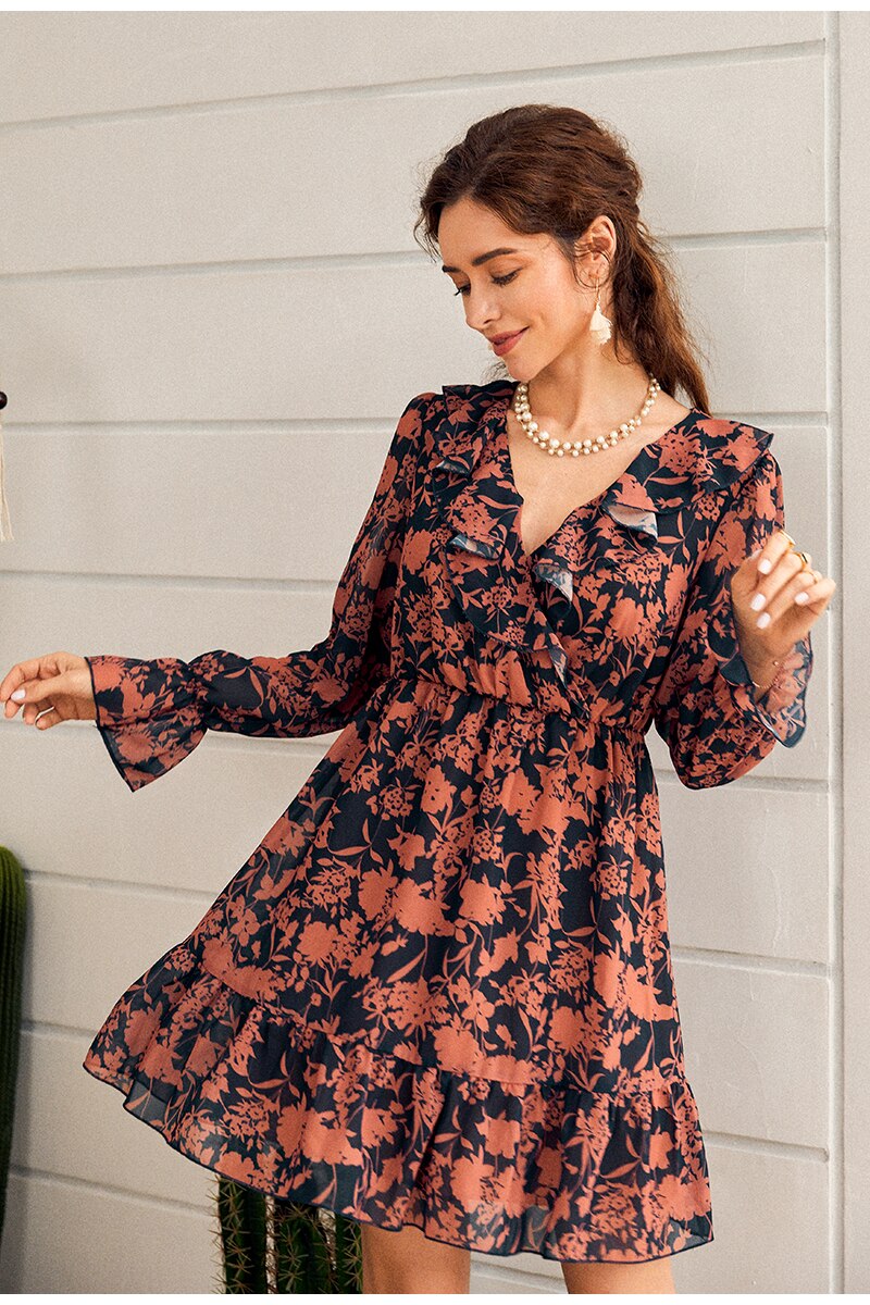 Sexy V-neck Long Sleeve Midi Summer Holiday Chiffon Ruched Floral Print Solid Lace Dress