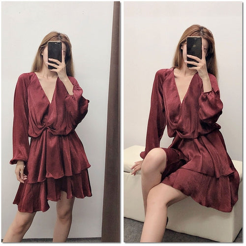 Load image into Gallery viewer, Elegant Cross V-neck Party Long Sleeve Ruffle Autumn Winter Casual Mini Dress
